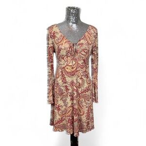 Vintage Y2K Boho Paisley Tie Front Flare Sleeve Mini Dress Large Cottagecore‎